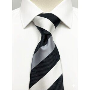 Geoffrey Beene 100% Silk Tie Black Silver White Striped Office Wedding Hand Made